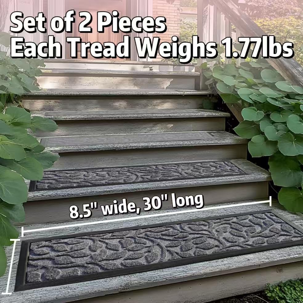 Aucuda Stair Treads Outdoor for Elders and Dogs on Wooden Steps, 30" x 8.5" (2pcs )Non Slip Stair Runner Rug Heat Insulation Rubber Backing, Gray Floral Staircase Mat Carpet for Indoor Grip Farmhouse.