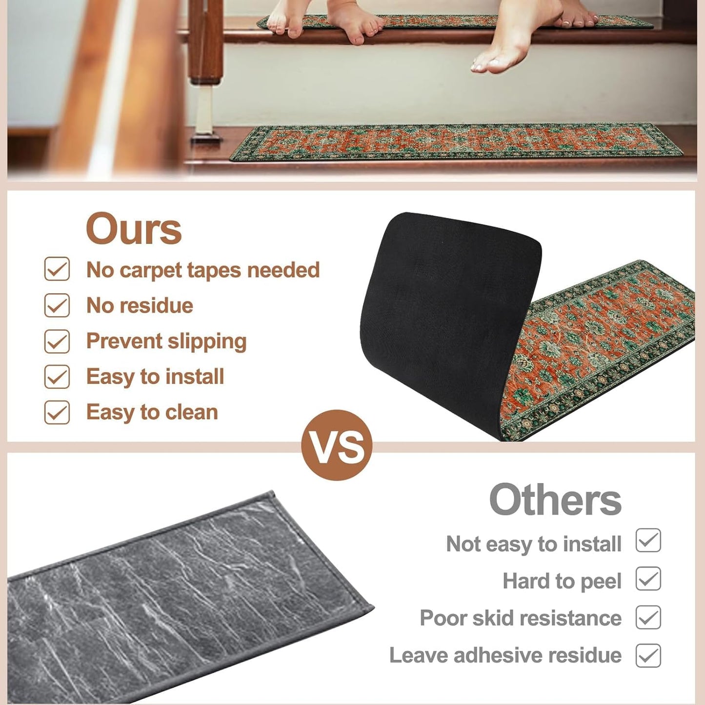 OJIA Extra Non-Slip Stair Treads for Wooden Steps 15PCS, 30"X8" Rubber Indoor Stair Runner Slip Resistant Stair Rugs Safety Mats for Dogs, Kids & Elders, Stairway Grip Step Treads, Gray