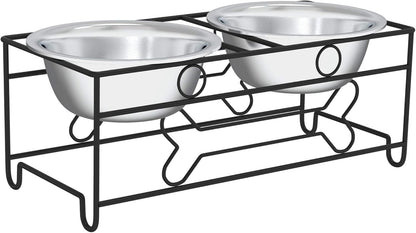 Set of 2 Stainless Steel Dog Bowls - 40oz Pet Bowls with Decorative Dog Food Stand - Metal Food and Water Dishes for Large Pets - Puppy Essentials by PETMAKER (Silver/Black)