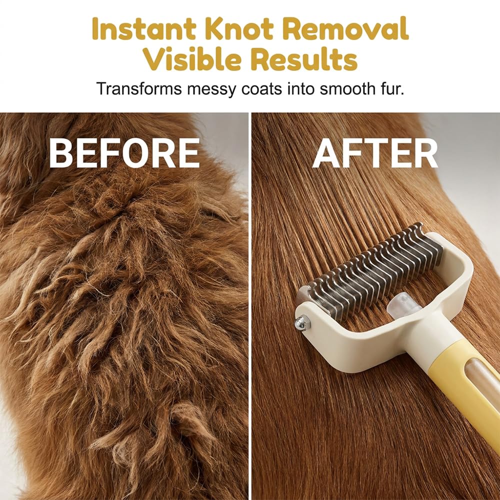 Double Sided Dematting Comb for Cats & Dogs, Undercoat Rake, Safe Deshedding Grooming Tool, Gentle Matt Remover Detangler for Long Thick Haired Pets, Ergonomic Pet Grooming Brush (Black)