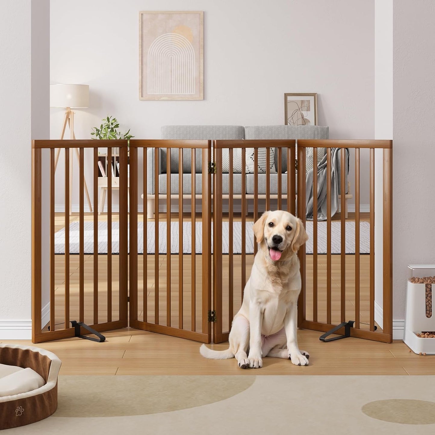 Freestanding Dog Gates Indoor, 3-Panel Pet Gates with 2 Metal Stands and 360° Hinge, 24" H Foldable Dog Gate for Stairs, Doorway, Kitchen, Expands Up to 55" Fully Assembled - Black Walnut