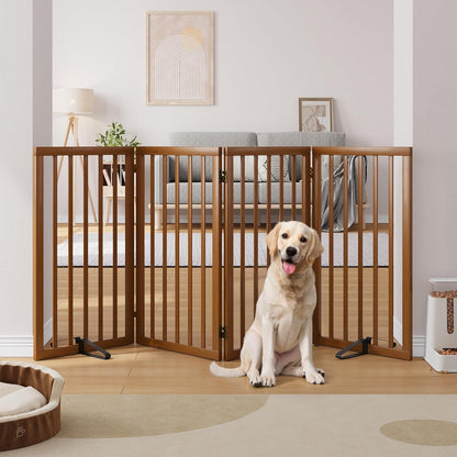 Freestanding Dog Gates Indoor, 3-Panel Pet Gates with 2 Metal Stands and 360° Hinge, 24" H Foldable Dog Gate for Stairs, Doorway, Kitchen, Expands Up to 55" Fully Assembled - Black Walnut