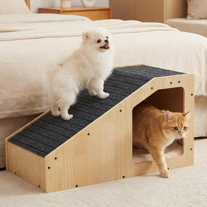 Veehoo Small Dog Ramp for Bed Couch, Pet Ramps for Dogs to Get on Bed Couch with Cat Cave Condo Non Slip Surface and Bottom Pad, 16" Wide Wooden Doggy Stairs Puppy Steps Small Ramp Ladder for Indoor