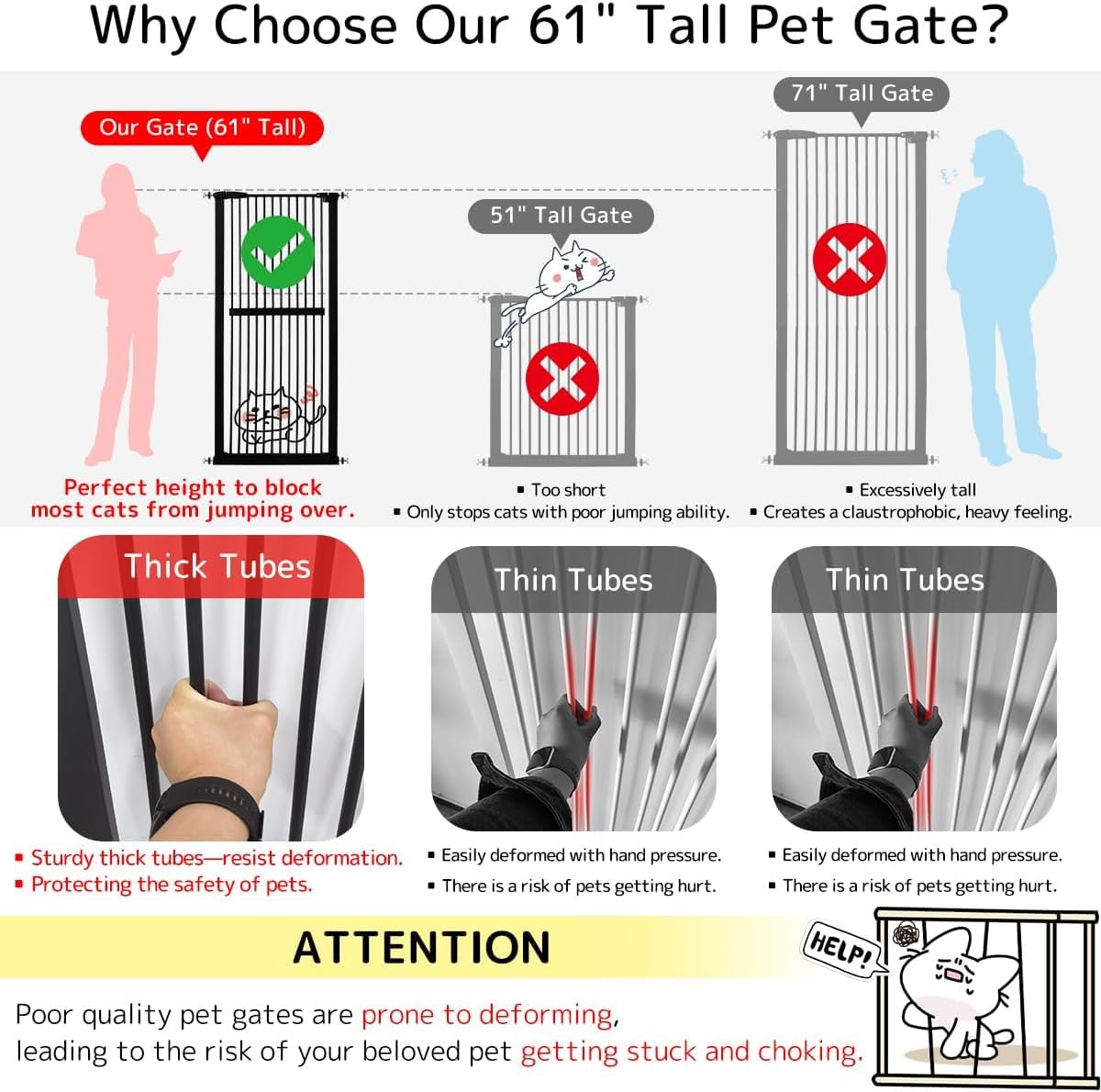 Lumizone Extra Tall Cat Gate 61.02" High Pressure Mounted Extra Wide 30.12"-34.05" (17Sizes) 1.37" Gap No Drilling Auto-Close Tall Pet Gate for Dogs (Black, 30.12"-34.05" W)