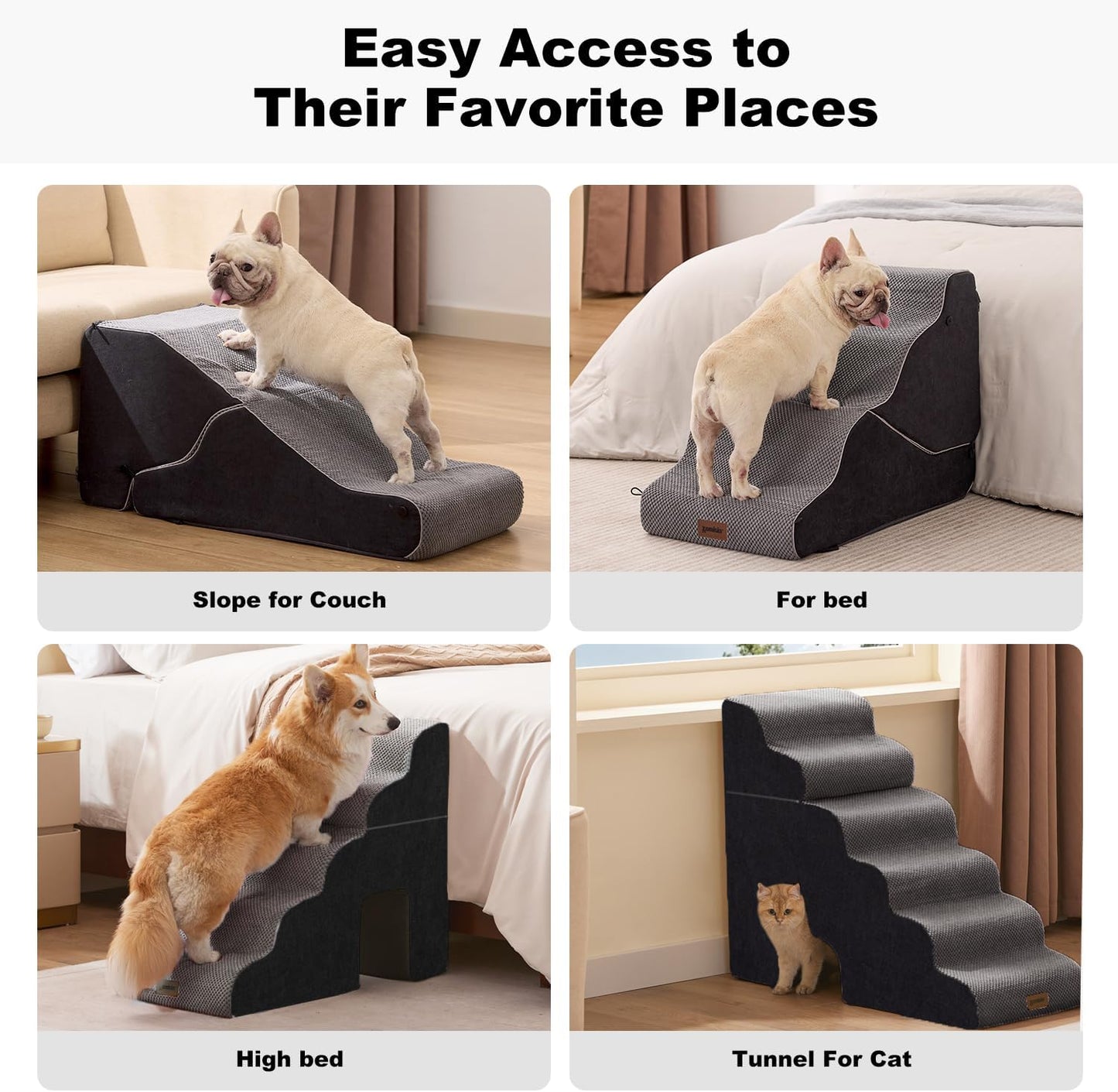 ZOMISIA Dog Ramp for Large Dogs - 24"H 5-Step Pet Stairs for High Beds with Tunnel, 2-in-1 Design with Zippers, Suitable for Indoor Cat Ladders with Non-Slip Bottom, Beige