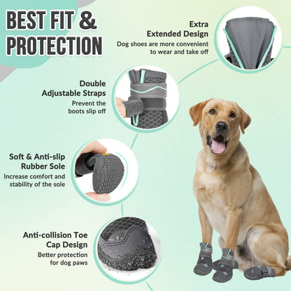 SlowTon Dog Shoes for Large Small Medium Dogs - Breathable Dog Boots for Summer Hot Pavement, Paw Protector for Outdoor Walking Winter Snow, Anti-Slip Rubber Dog Booties for Hardwood Floor (Green, 6)