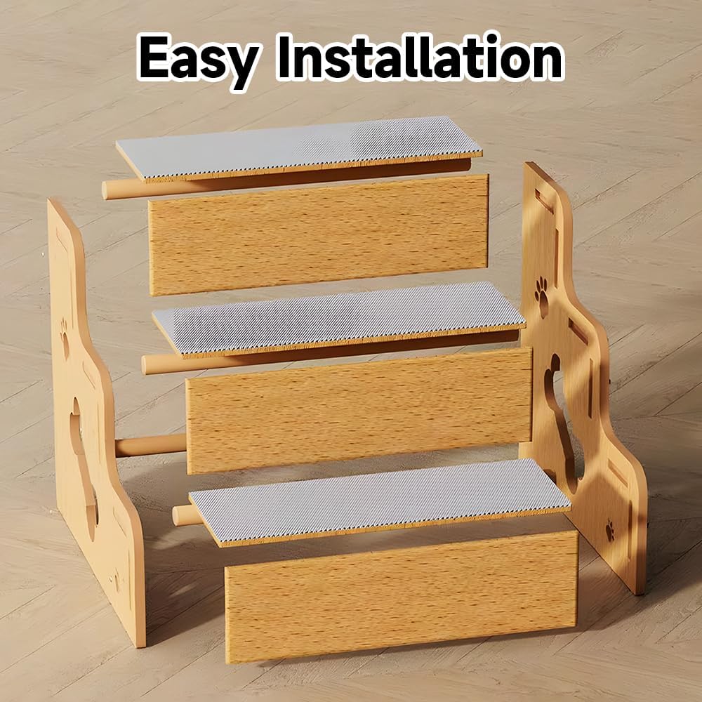 Pet Steps for Small Dogs,Wooden Cat Stairs for Old Cats,Doggy Dog Steps for Bed Couch Sofa Windows,3-Step Ladder, 16" L x 12" W x 14" H，Suitable for Height 14-17in