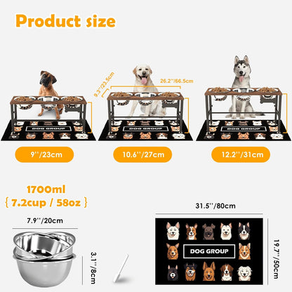 ADENGL Metal Raised Dog Bowl, 10" Tall Elevate Dog Feeder Stand with 2 Stainless Steel 42oz Bowls & 16x24 Non-Slip Mat – Stronger Dogs Food & Water Bowl Stand (Black)