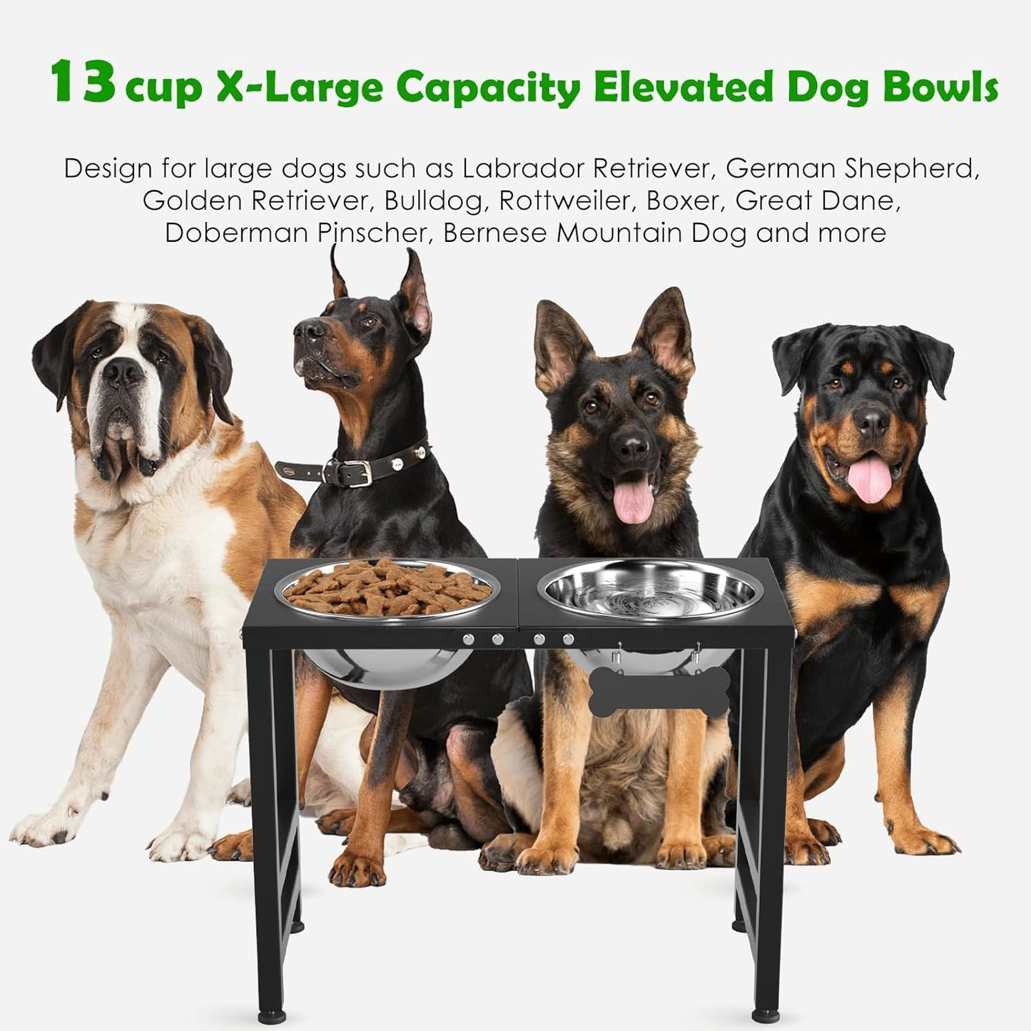 ADENGL Elevated Dog Bowls, 10" Tall Height, Raised Bowl Stand with 2 Stainless Steel Food Feeder Bowls (58oz) and Spill-Proof Mat for Medium Large and Small Breeds