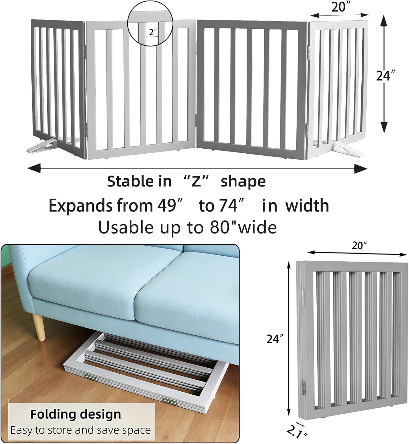Dog Gate Indoor, Freestanding Dog Fence for The House, Doorways, Hallways,or Stairs,Pet Gate Foldable Wooden,Expandable 24" Height 3 Panels,White