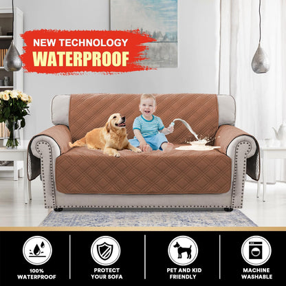 PrinceDeco 100% Waterproof Couch Cover for 3 Cushion Couch Sofa Pet Friendly Non-Slip Couch Cover for Dogs Washable Water Resistant Furniture Protector with Elastic Straps(Sofa 68", French Oak)