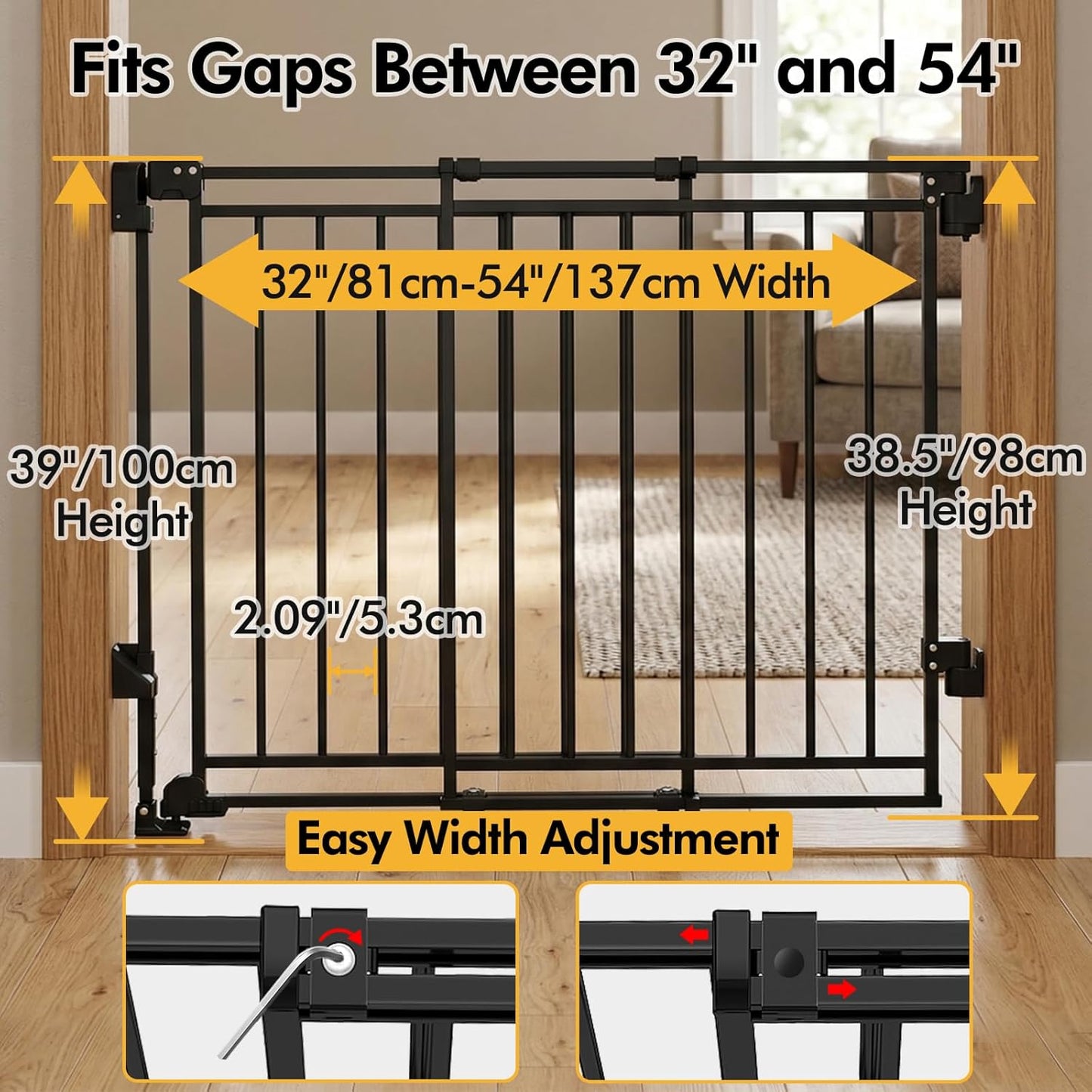 Baby Gate for Stairs & Doorways - Fits Openings 26 to 43 Inches Wide (Must Drill to Install) | 29" Extra Tall with No Bottom Bar | One-Handed Auto-Close Walk-Thru Gate for Kids & Pets, Black