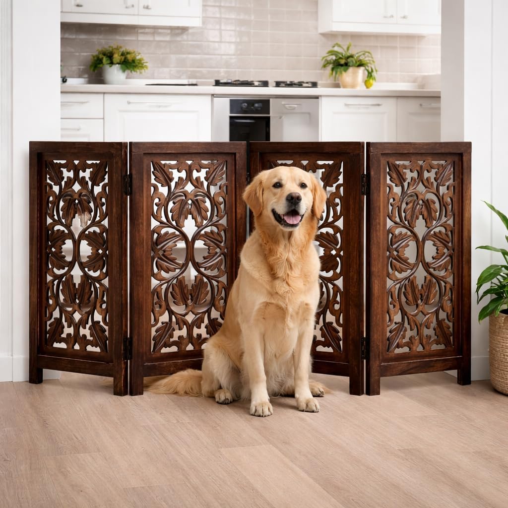 Freestanding Pet Gate for Dogs, Foldable Wooden Dog Gate for House, Indoor Dog Gate for Stair, Doorway, House Design Gates for Dogs Indoor, 72 Inch Wide, (18" x4 Panels 72 inch), Burnt Finish