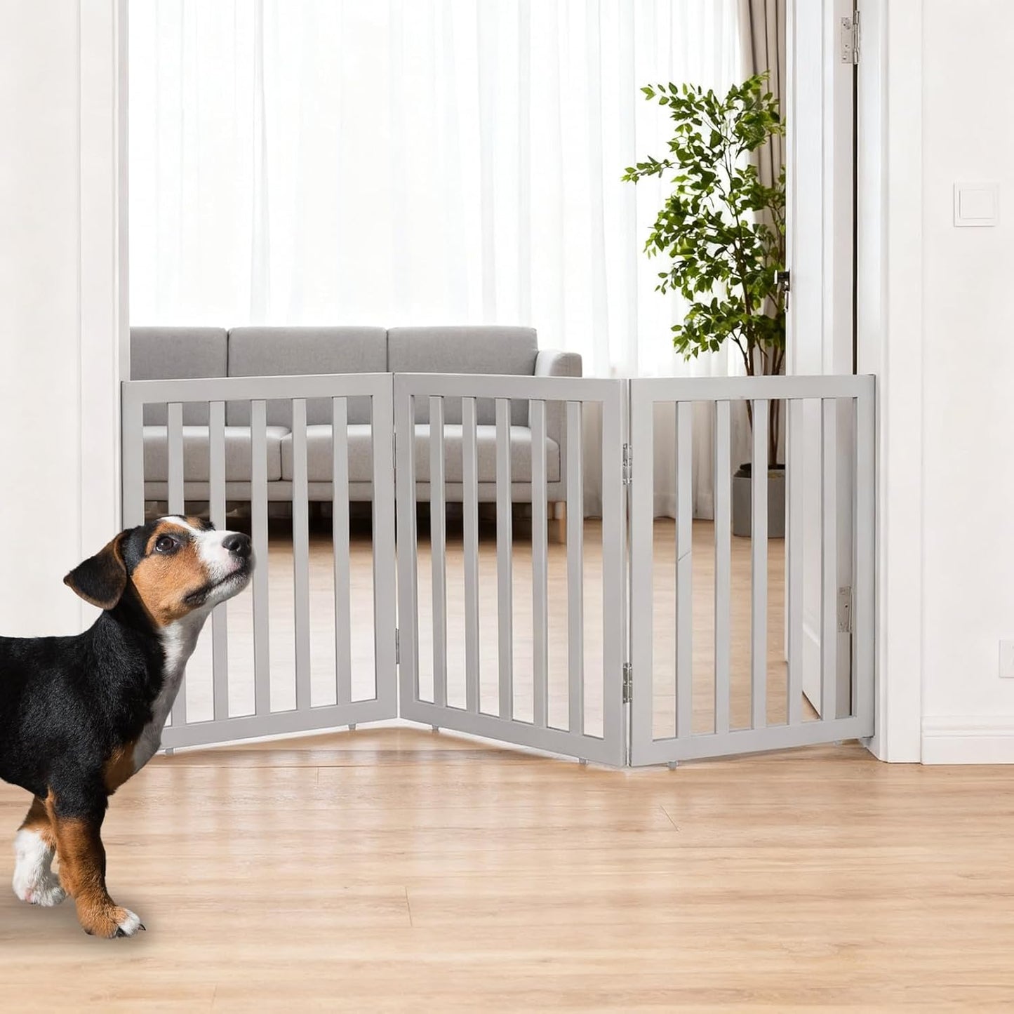 ZJSF Freestanding Indoor Dog Gate for House Foldable Wood Brown Puppy Gate for Doorways Pet Gate for Stairs Extra Wide Pet Fence 24" Height 2 Panels