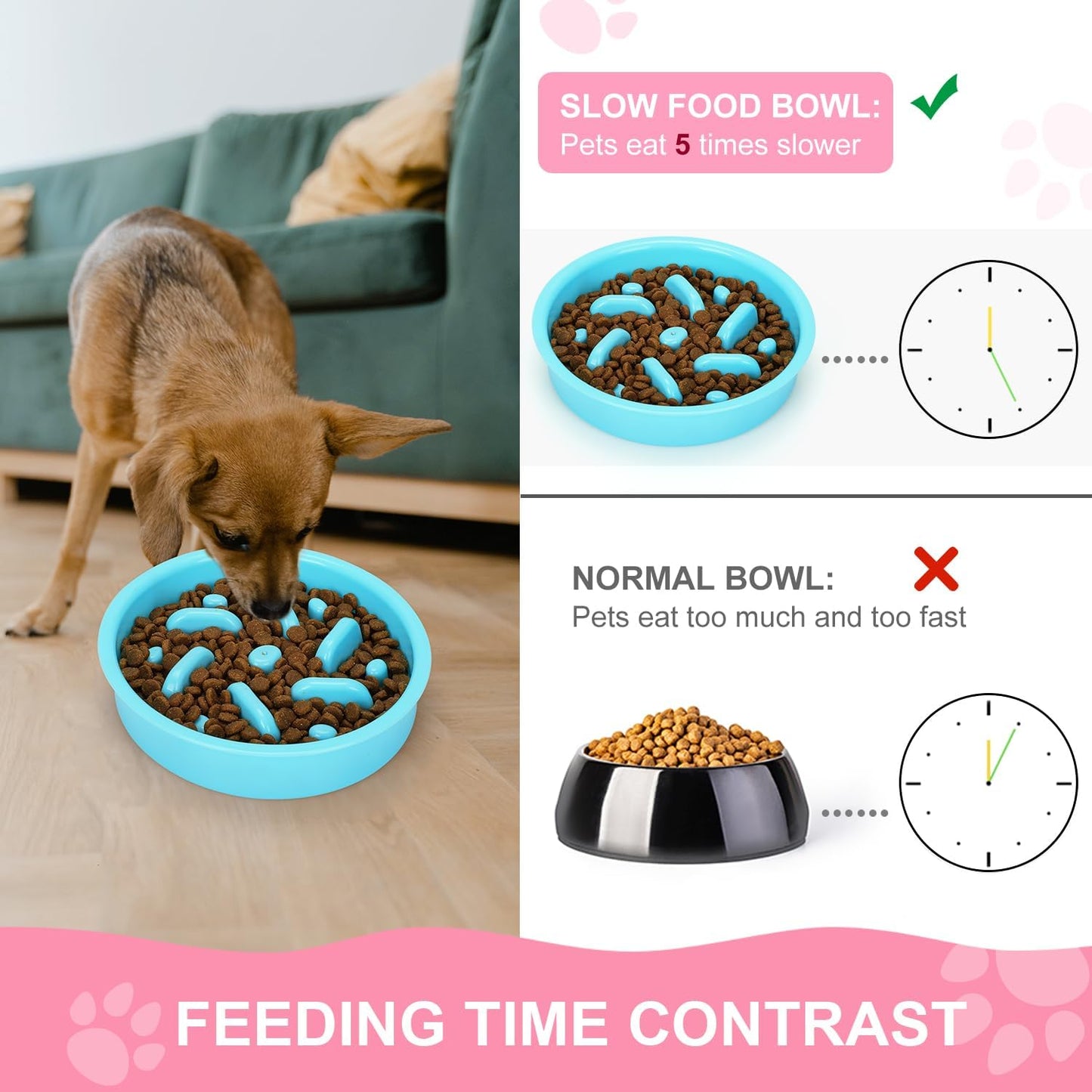 Anipaw Slow Feeder Dog Bowls 3 in 1 Stainless Steel Food and Water Bowls with Non-Spill and Skid Silicone Mat to Slow Down Eating for Large Medium Small Breed Size Dogs and Cats