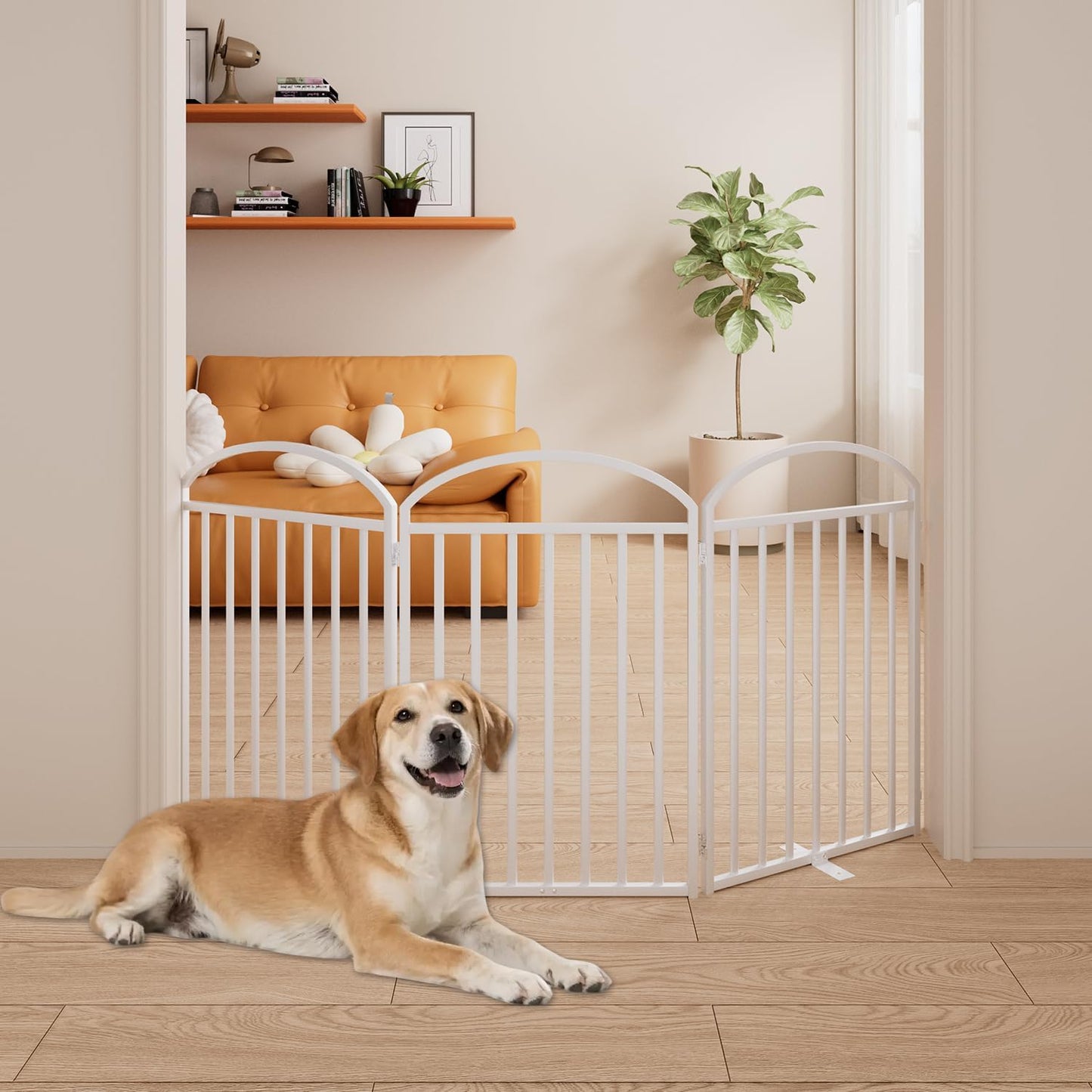 SNUOWU 4 Panels Full Matel Freestanding Dog Gates with Door, 96"Extra Wide 32"Tall Free Standing Dog Pet Gate for Indoor & Outdoor. Foldable Pet Fences for Doorways, House, Stairs, Porch, Deck, Yard