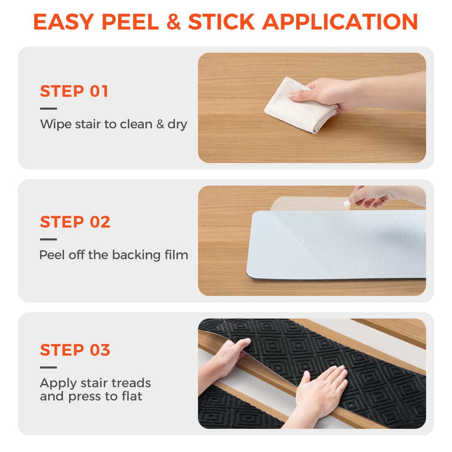 BAGAIL 15 Pack Non-Slip Stair Treads for Wooden Steps, 8"x30" Peel and Stick Carpet Stair Runners, Machine Washable Indoor Step Covers with No-Residue Adhesive for Dogs, Kids & Elderly - Dark Gray