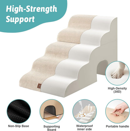 COZY KISS Extra Wide Dog Stairs with Tunnel, Foam Detachable Large Dog Step for Small Pet, Puppy or Cats, Medium Pet Ramp for High Bed, Couch, Sofa or Car, 19.7x33x22.4 inch, 5 Step, Beige