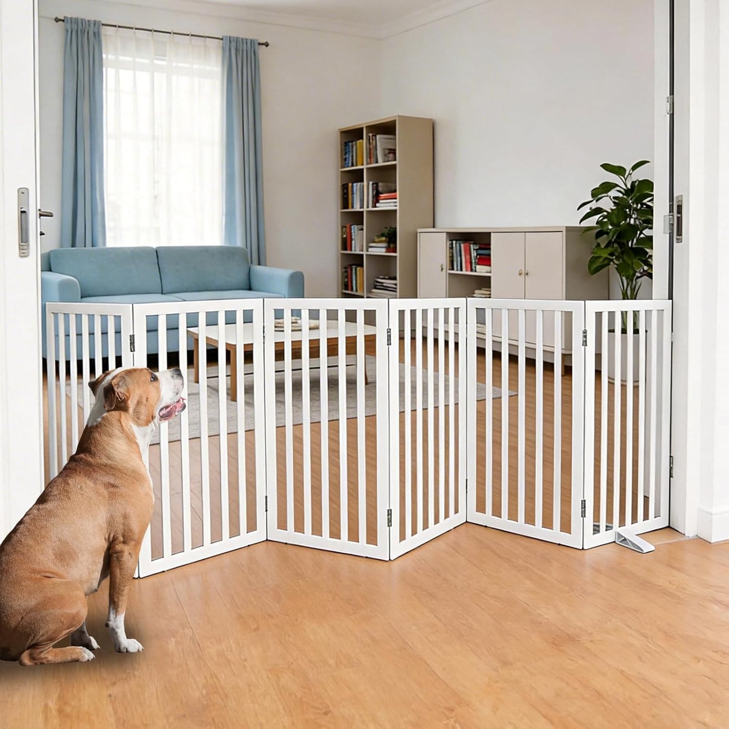 ZJSF Freestanding Indoor Dog Gate for House Foldable Wood Puppy Gate for Doorways Pet Gate for Stairs Extra Wide Pet Fence, Brown, 24" Height 3 Panels