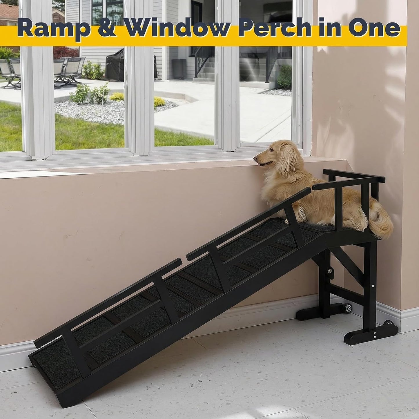 Dog Ramp for Bed or Couch, Wooden Pet Ramp with 20° Gentle Slope, Removable Side Rails, Non-Slip Surface, Top Platform & Wheels, Safe Bed Ramp for Small, Large & Senior Dogs, 60" Long, Mahogany