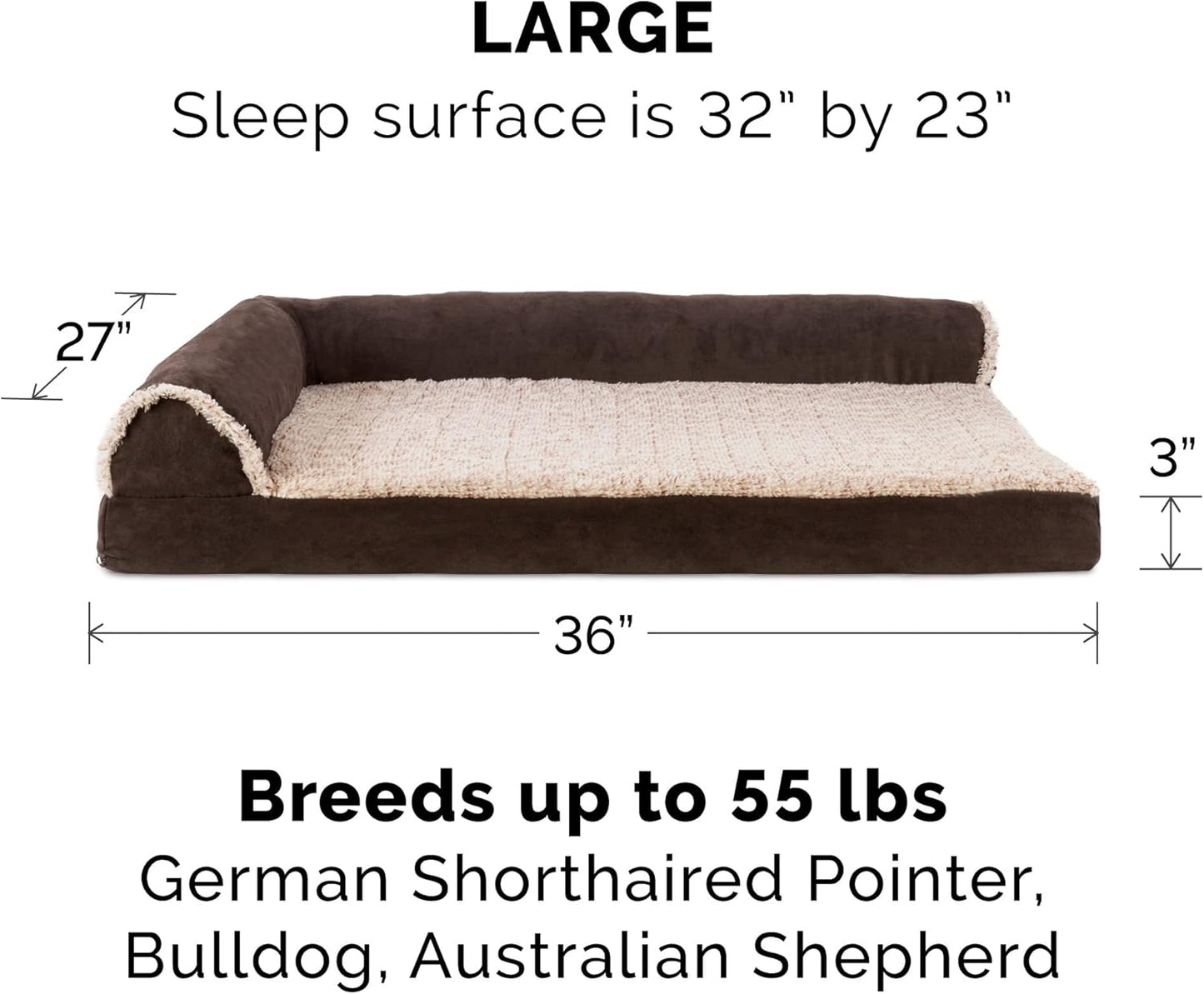 Furhaven Memory Foam Dog Bed for Large Dogs w/ Removable Bolsters & Washable Cover, For Dogs Up to 95 lbs - Two-Tone Plush Faux Fur & Suede L Shaped Chaise - Espresso, Jumbo/XL