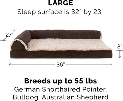 Furhaven Memory Foam Dog Bed for Large Dogs w/ Removable Bolsters & Washable Cover, For Dogs Up to 95 lbs - Two-Tone Plush Faux Fur & Suede L Shaped Chaise - Espresso, Jumbo/XL