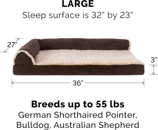Furhaven Memory Foam Dog Bed for Large Dogs w/ Removable Bolsters & Washable Cover, For Dogs Up to 95 lbs - Two-Tone Plush Faux Fur & Suede L Shaped Chaise - Espresso, Jumbo/XL