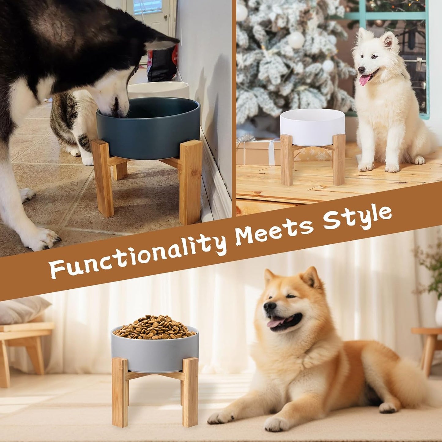 Elevated Ceramic Cat Bowl - Cat Food Bowl with Bamboo Stand - Raised Dog Dish for Puppies - Anti Vomiting, Stress Free - 13.5 oz / 400 ml - White