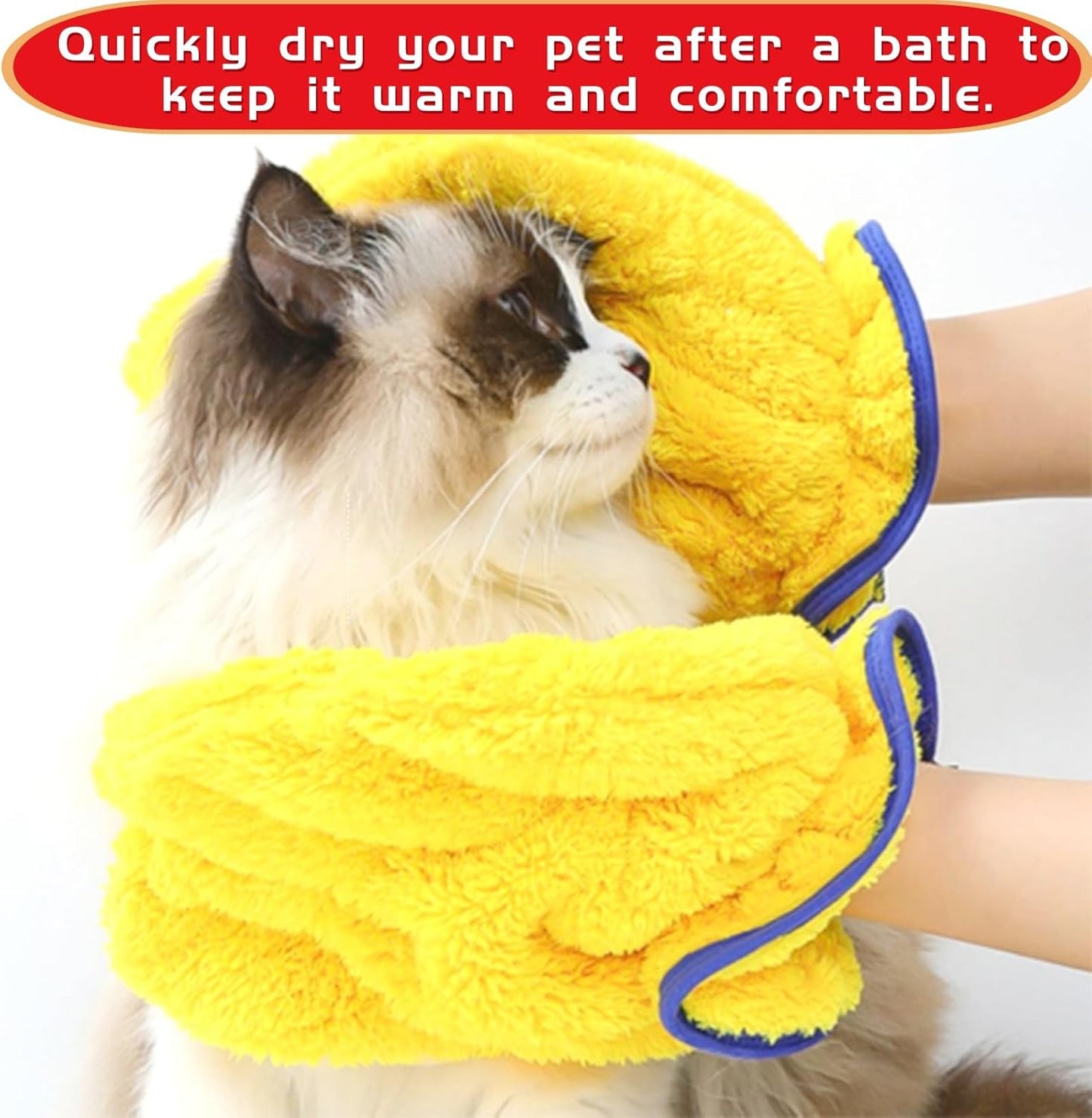 Microfiber Pet Drying Glove - Absorbent Dog & Cat Grooming Mitt, Quick Dry Bath Towel Glove for All Pets, One Size Fits All, 2 Pack (Blue/Yellow)
