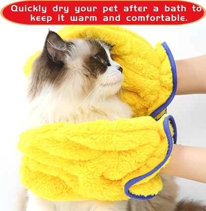 Microfiber Pet Drying Glove - Absorbent Dog & Cat Grooming Mitt, Quick Dry Bath Towel Glove for All Pets, One Size Fits All, 2 Pack (Blue/Yellow)