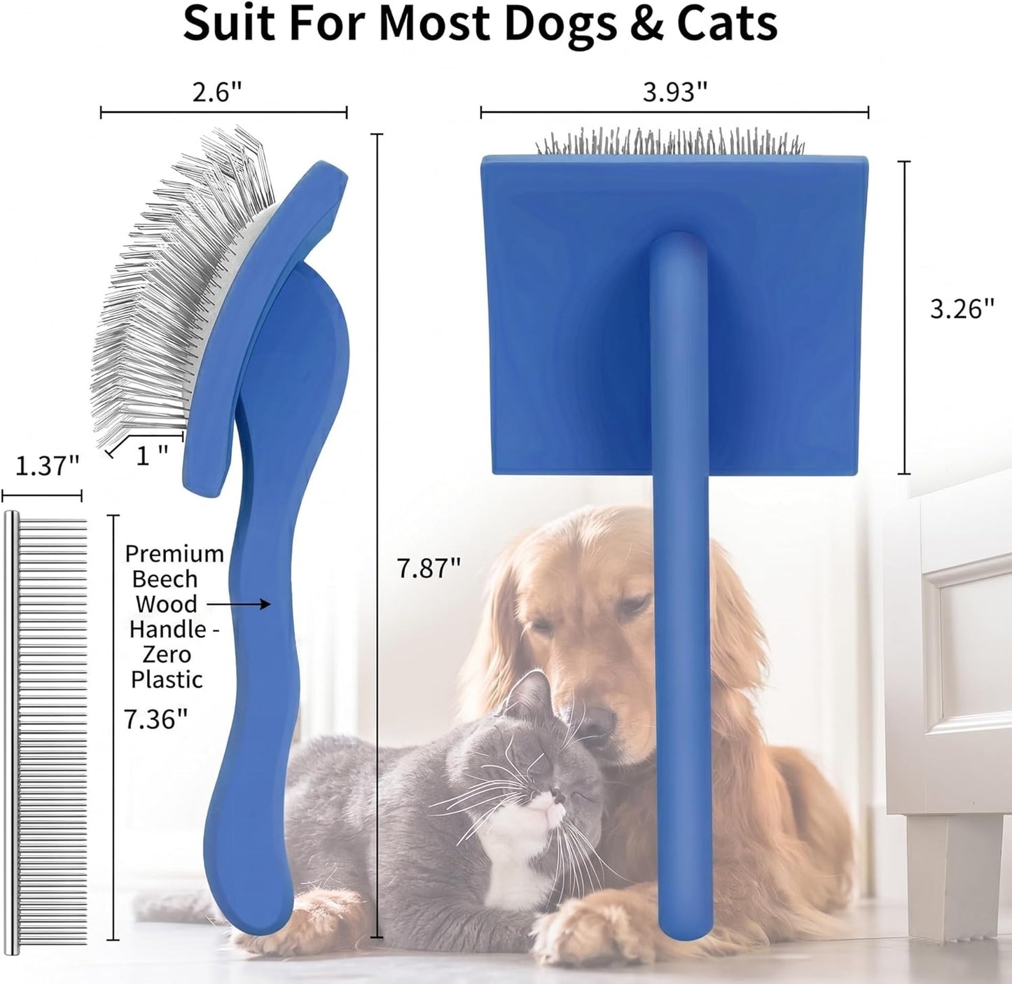 Slicker Brush for Doodles and Poodles - 2-Piece Solid Wood Dog Grooming Set with Extra Long Pin Dematting Tool and Metal Comb for Curly, Matted & Thick Hair, Purple