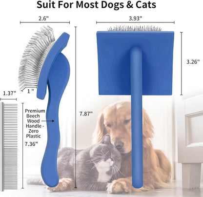 Slicker Brush for Doodles and Poodles - 2-Piece Solid Wood Dog Grooming Set with Extra Long Pin Dematting Tool and Metal Comb for Curly, Matted & Thick Hair, Purple