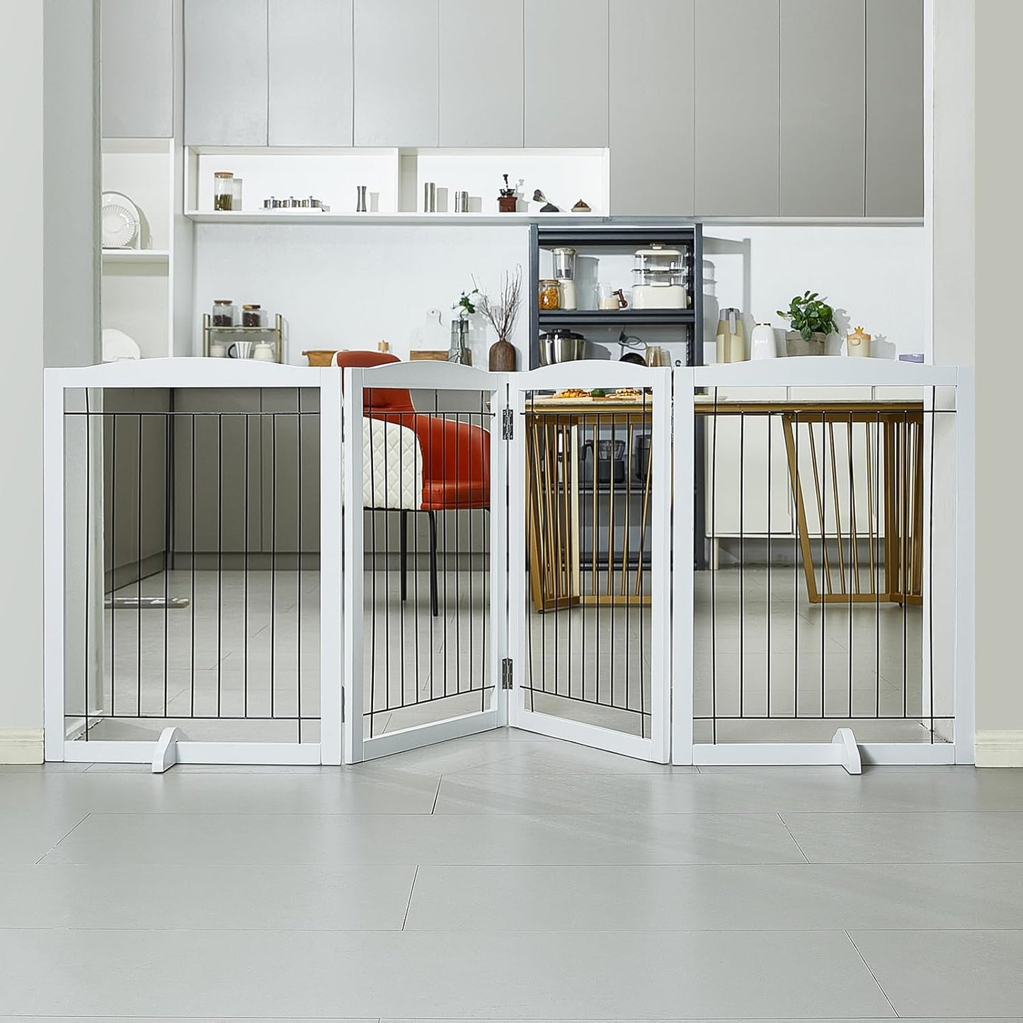 VEVOR Freestanding Pet Gate, Wooden 24" H x 80" W, 4-Panel Foldable Gate for Wide & Narrow Passageways, Expandable Dog Barrier with Silent Foot Support, White