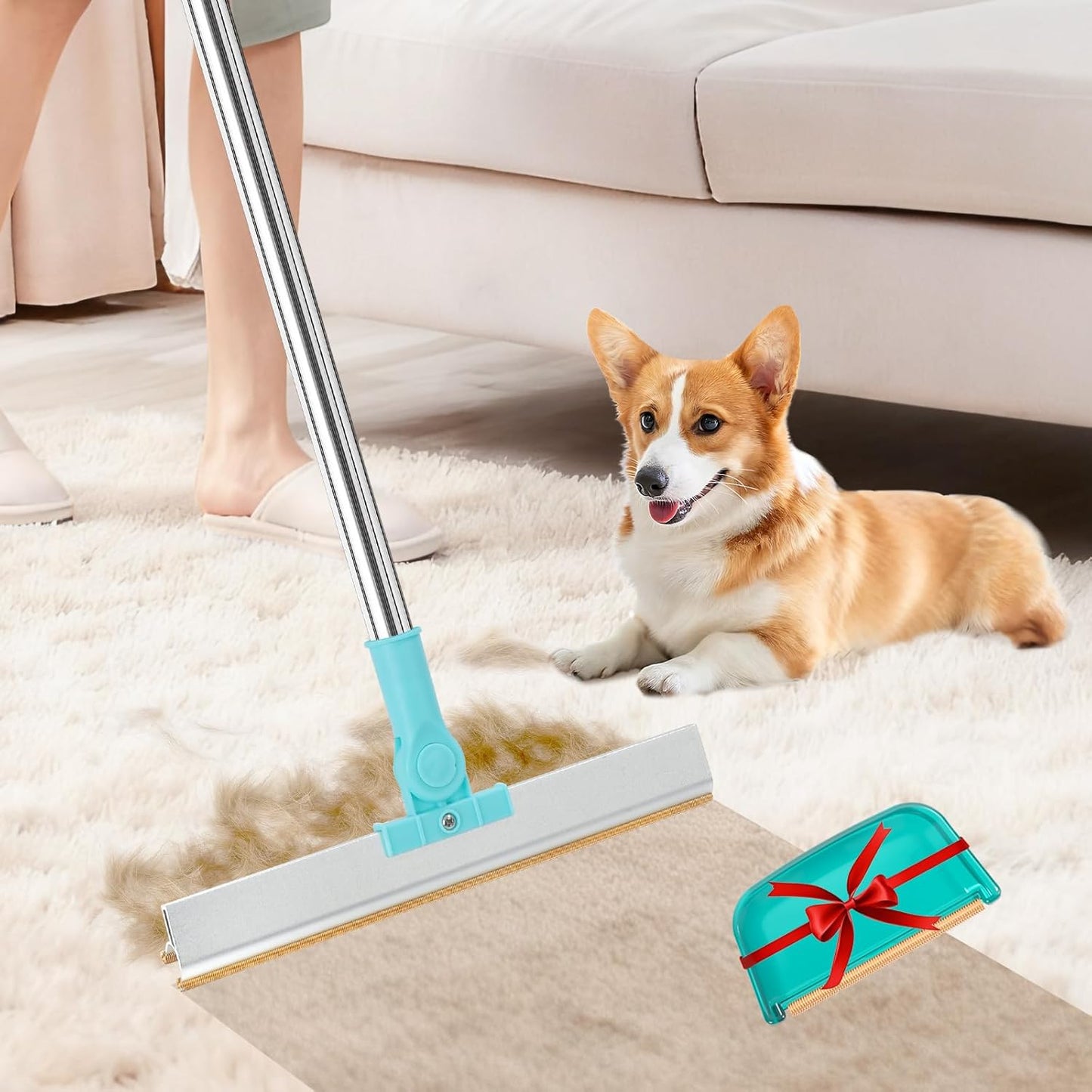 Carpet Rake for Pet Hair Removal - Reusable Pet Hair Remover, 54” Adjustable Long Handle Cat Dog Carpet Rake, Advanced Lint Remover Scraper for Carpets, Rugs, Mats, Couch