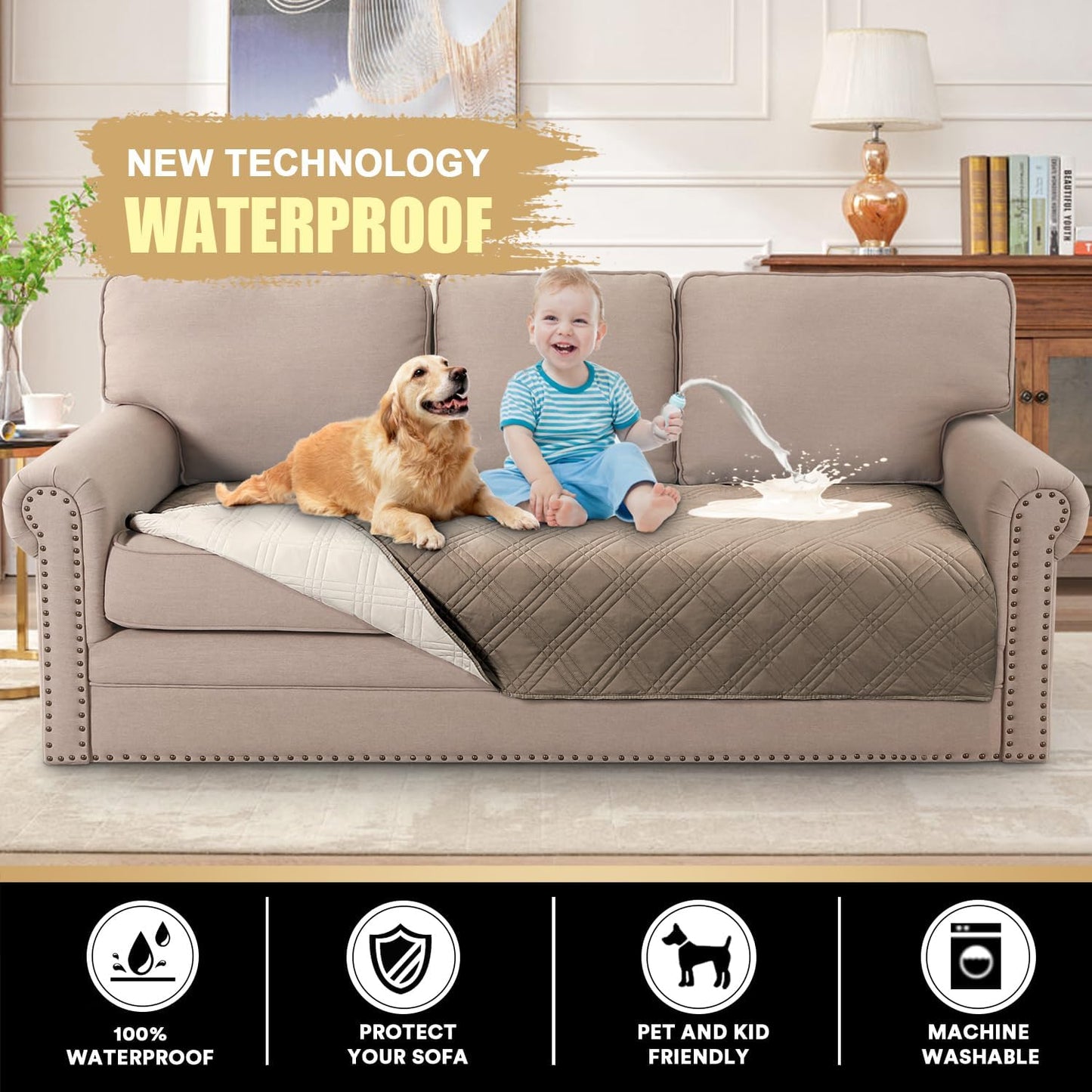 PrinceDeco 100% Waterproof Couch Cover for 3 Cushion Couch Sofa Pet Friendly Non-Slip Couch Cover for Dogs Washable Water Resistant Furniture Protector with Elastic Straps(Sofa 68", French Oak)