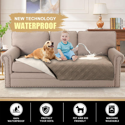 PrinceDeco 100% Waterproof Couch Cover for 3 Cushion Couch Sofa Pet Friendly Non-Slip Couch Cover for Dogs Washable Water Resistant Furniture Protector with Elastic Straps(Sofa 68", French Oak)