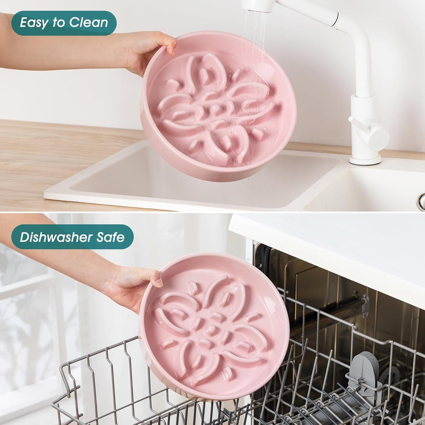 vancasso Ceramic Slow Feeder Dog Bowls, Puzzle Dog Food Bowls with Floral Maze, Anti -Slip Pet Food Dish for Small Breed, 0.6 Cups, Pink