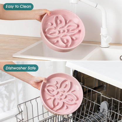 vancasso Ceramic Slow Feeder Dog Bowls, Puzzle Dog Food Bowls with Floral Maze, Anti -Slip Pet Food Dish for Small Breed, 0.6 Cups, Pink