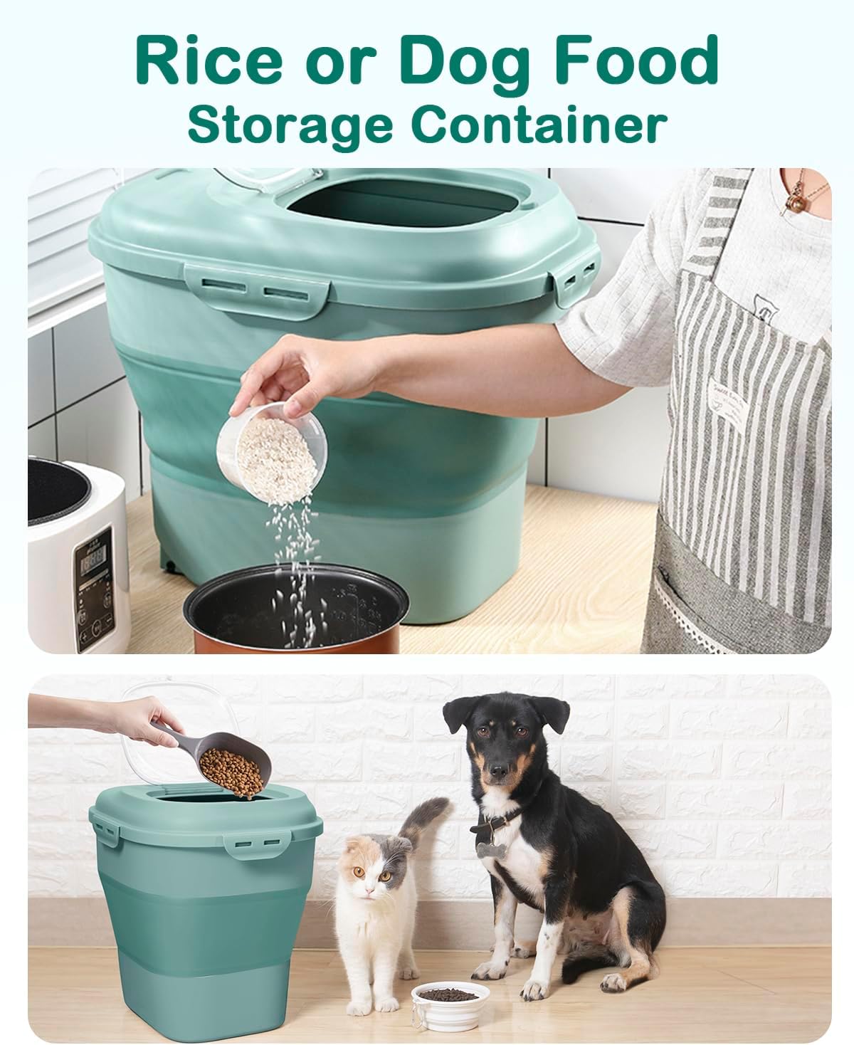 20-30 Lbs Rice Storage Container,Collapsible Food Storage Containers with Rolling Wheel Airtight Locking Lid,Flour Storage Container with Cup and Scoop,Suitable for Food,Rice,Pet Food,Flour