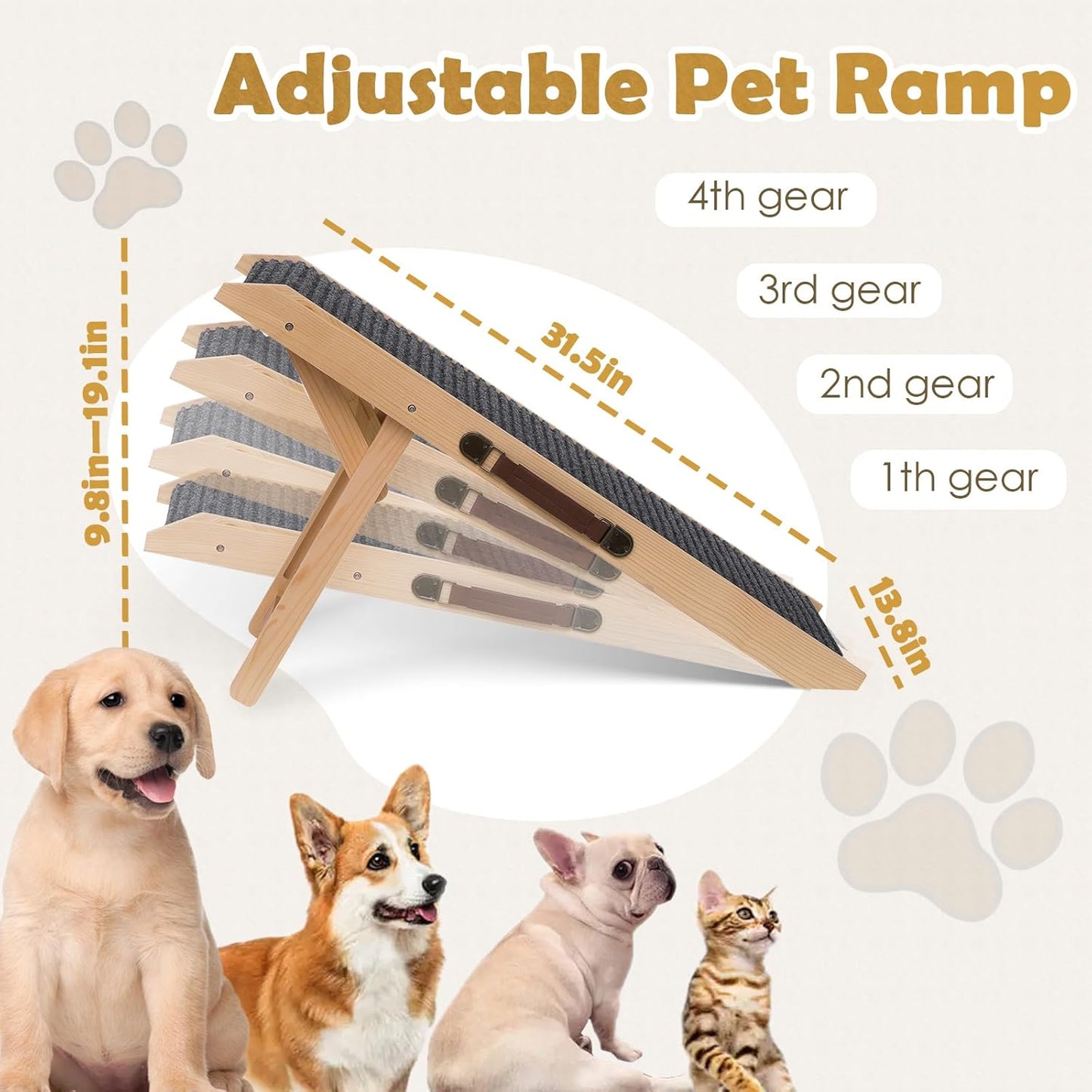 Wooden Foldable Dog Ramp Portable Pet Ramp,Car Ramp with Built-in Handle for Travel, 4 Adjustable Heights 9.8" to 18.1" for Small Dogs