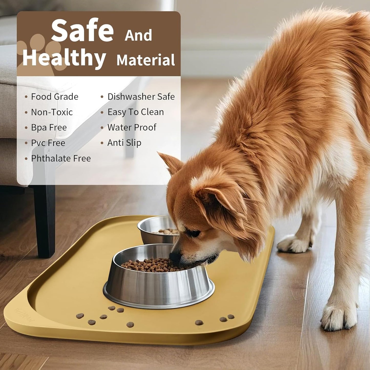 Smilool Silicone Pet Food Mat with Raised Edge for Food and Water Bowl, Dog Feeding Mats, Cat Food Trays for Floor Waterproof, Rubber Tray for Dogs and Cats, 19 x 12 x 0.7 Dark Brown