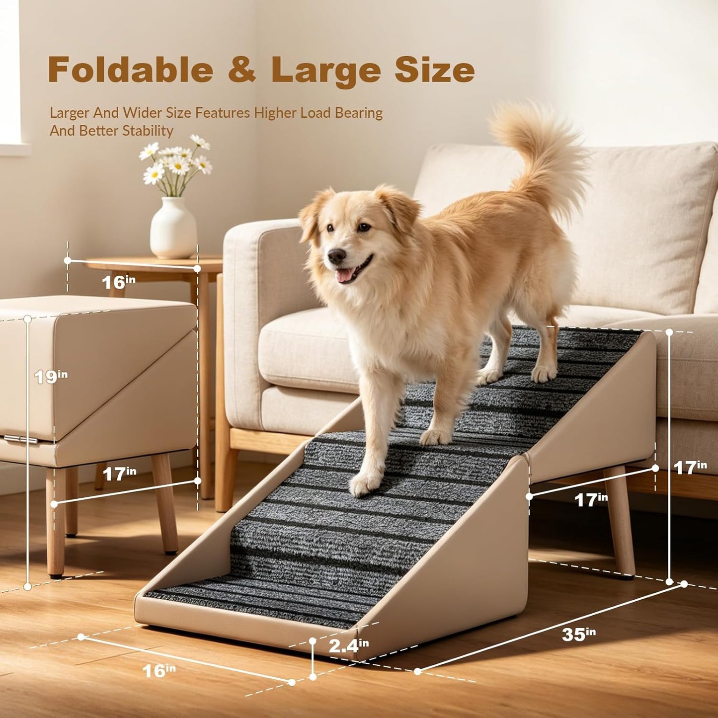 Dog Ramps for Small Dogs, Removable Non-Slip Mat, Foldable Wooden Dog Ramp, Split Ottoman Design for Small Frenchie, Pomeranian, Dachshund, Schnauzer, Chihuahua and so on （Light Brown）