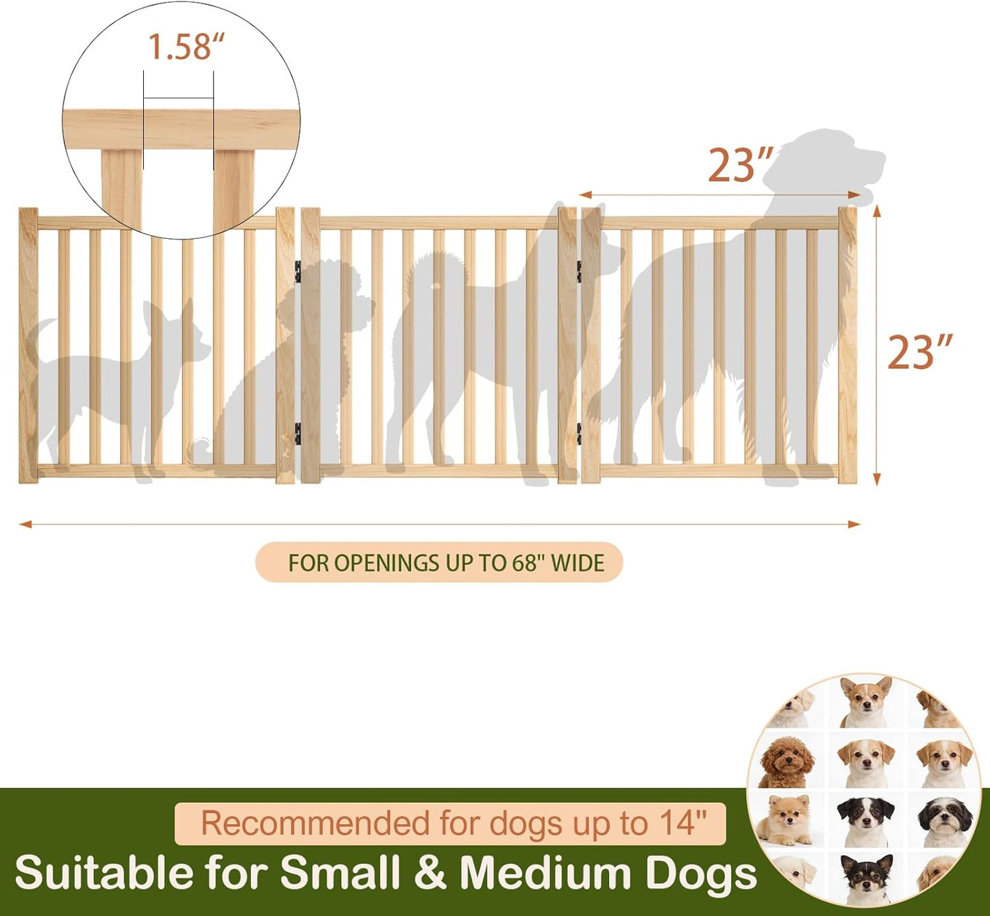 Wooden Freestanding Dog Gates,23" H Foldable Wood Pet Gate Indoor, No-Painted Puppy Gate for Doorways, Stairs, 23" Height-2 Panels