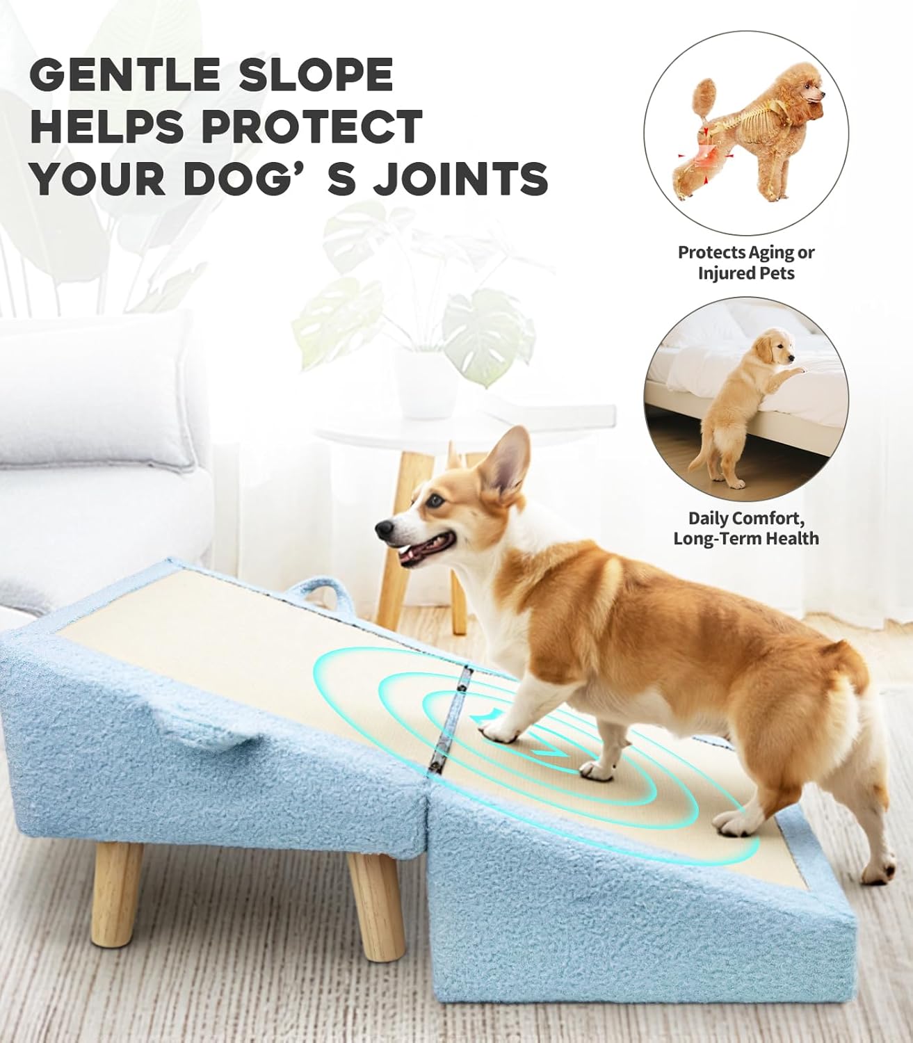 Dog Stairs for Small Dogs and Cats – 2-in-1 Dog Ramp for Couch and Low Bed, 16.5'' Foldable Wooden Pet Ramp, Sturdy Multi-Use Split Ottoman Design, Beige