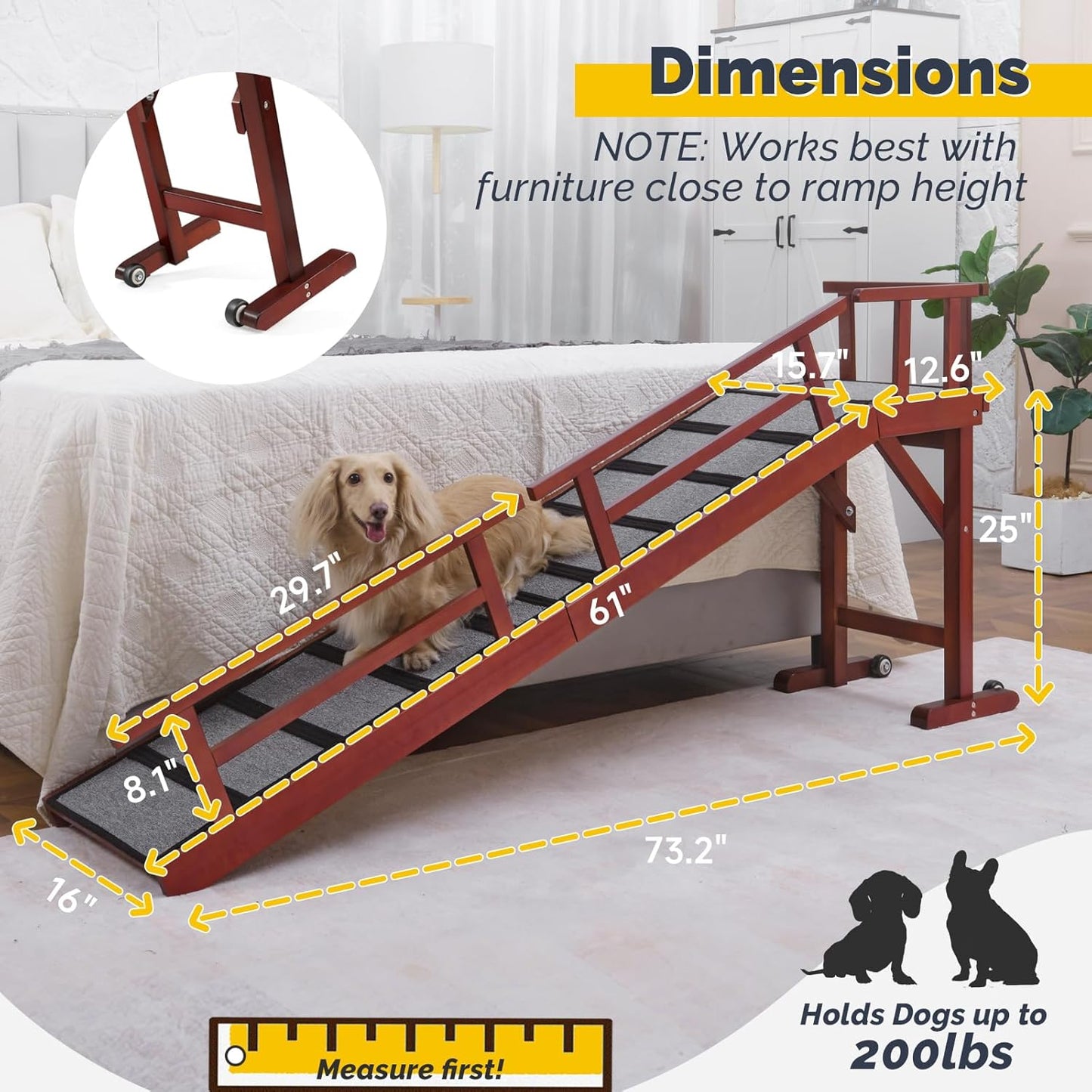 Dog Ramp for Bed or Couch, Wooden Pet Ramp with 20° Gentle Slope, Removable Side Rails, Non-Slip Surface, Top Platform & Wheels, Safe Bed Ramp for Small, Large & Senior Dogs, 60" Long, Mahogany