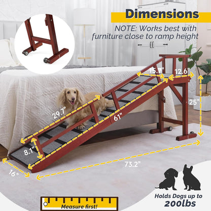 Dog Ramp for Bed or Couch, Wooden Pet Ramp with 20° Gentle Slope, Removable Side Rails, Non-Slip Surface, Top Platform & Wheels, Safe Bed Ramp for Small, Large & Senior Dogs, 60" Long, Mahogany