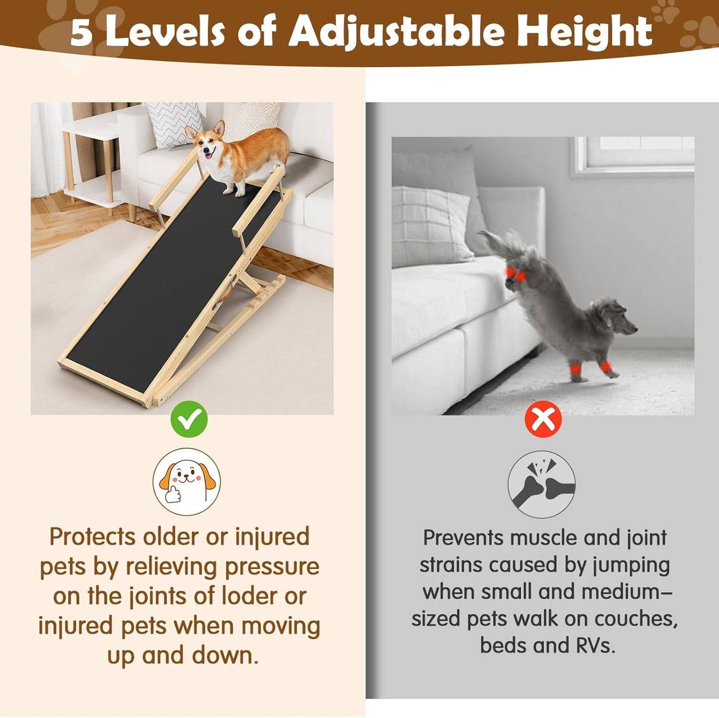 Dog Ramp for Couch with Non-Slip Silicone Mat, 39" Wooden Pet Ramps for Small Dogs, Hold up to 100lb, Adjustable Height from 11.41" to 20.47", Portable Stable Pet Step for Sofa Stairs