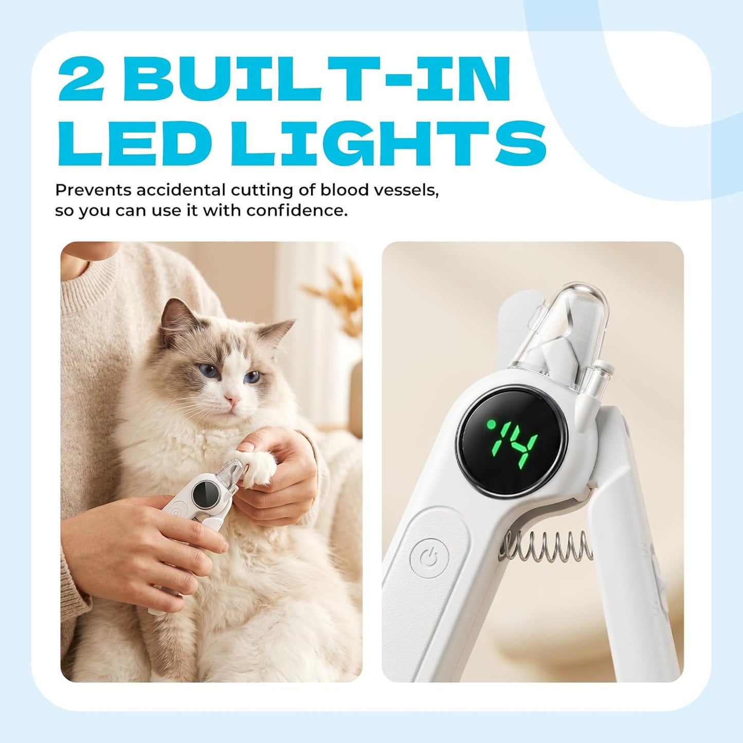 2-in-1 Pet Nail Clipper with LED Light and Digital Display – Upgraded Cat and Dog Nail Grinder with Safety Guard, USB Charging, Splash-Proof, Low-Noise, Pain-Free Nail Trimmer (White)