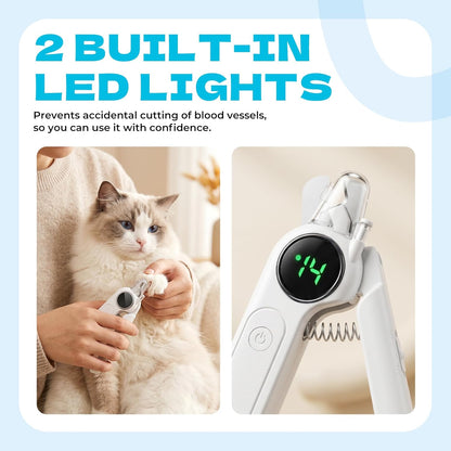2-in-1 Pet Nail Clipper with LED Light and Digital Display – Upgraded Cat and Dog Nail Grinder with Safety Guard, USB Charging, Splash-Proof, Low-Noise, Pain-Free Nail Trimmer (White)