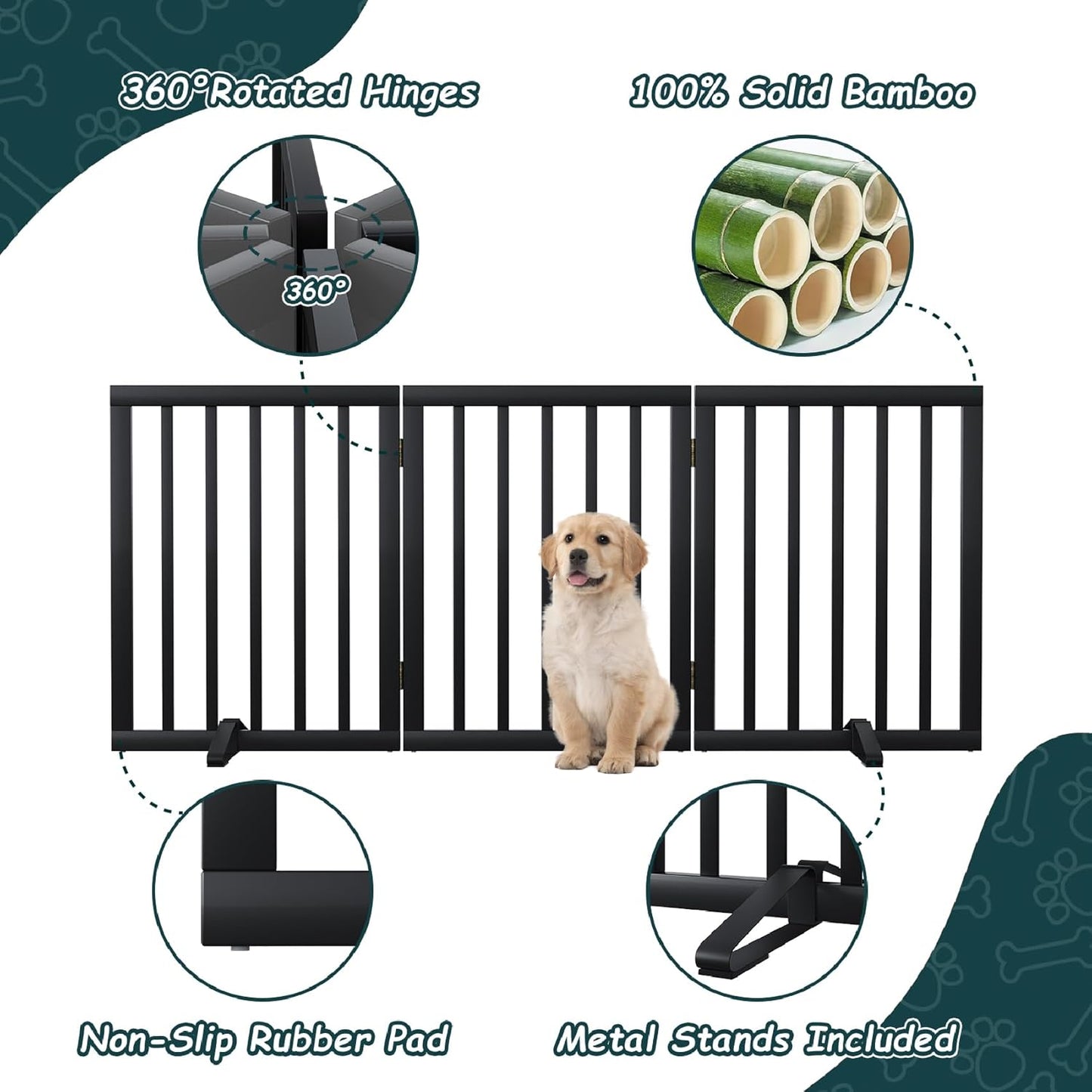 Freestanding Dog Gates Indoor, 3-Panel Pet Gates with 2 Metal Stands and 360° Hinge, 24" H Foldable Dog Gate for Stairs, Doorway, Kitchen, Expands Up to 55" Fully Assembled - Black Walnut